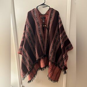 Marc New York Red and Brown Knit Poncho, red and Brown Aztec Boho Cape, one size
